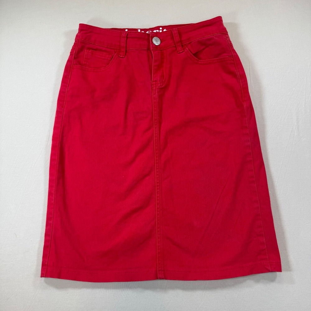 Inherit Clothing Co Girls Remi Red Denim Midi Skirt Size 3/4 Modest Pencil Skirt